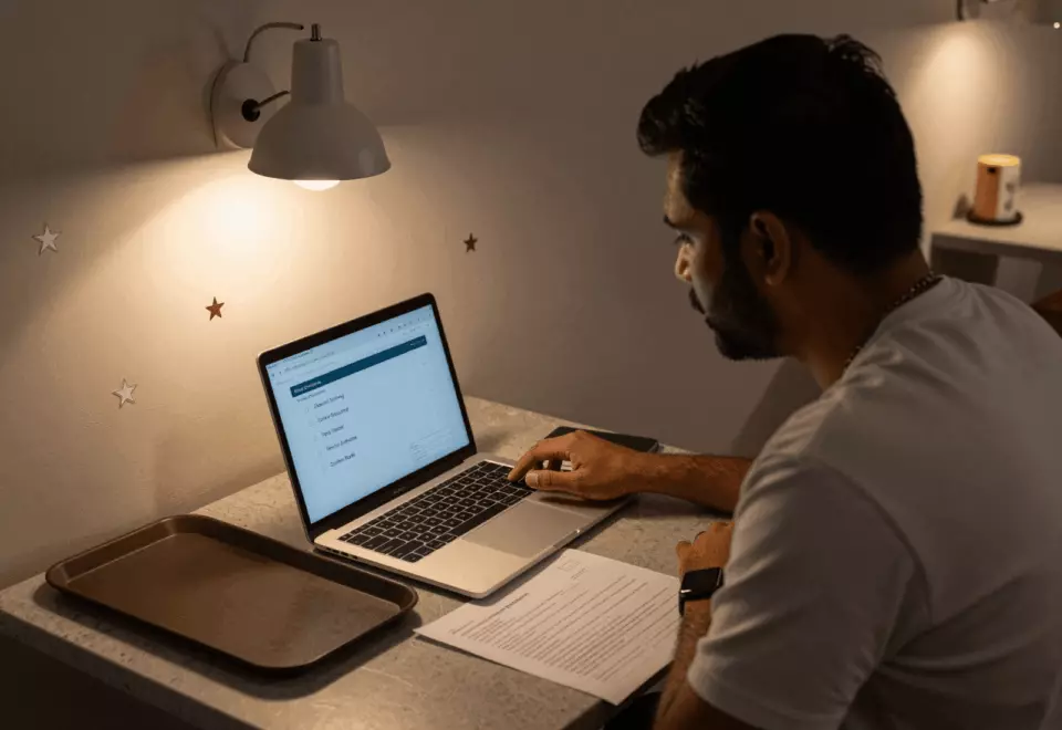 a Tamil woman in her late 20s choosing the next IELTS prep step online