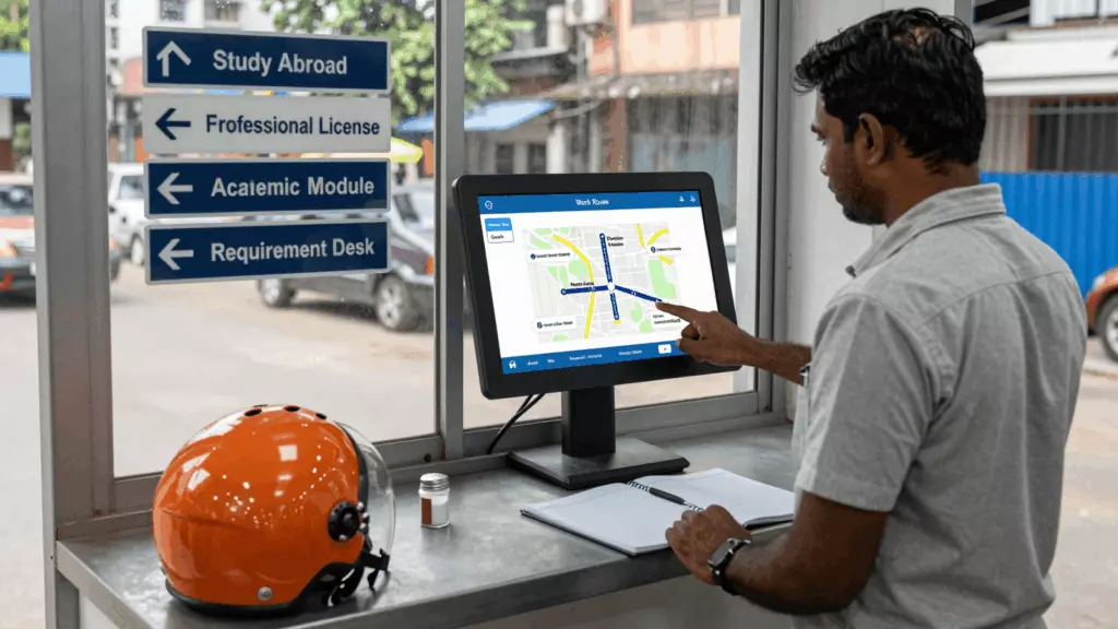 a Tamil woman in her late 20s reviewing an IELTS online course workflow