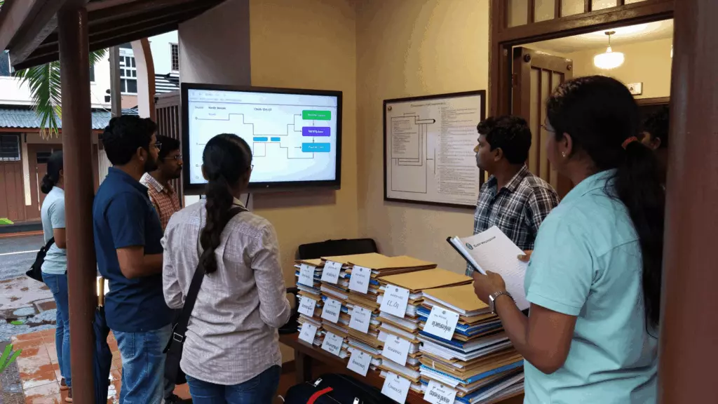 a Tamil woman in her late 20s reviewing an IELTS online course workflow