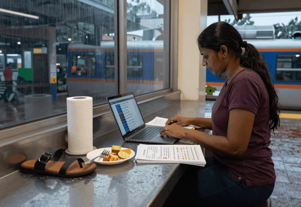 a Tamil woman in her late 20s choosing the next IELTS prep step online