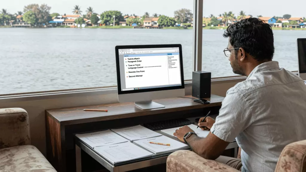 a Tamil woman in her late 20s reviewing an IELTS online course workflow
