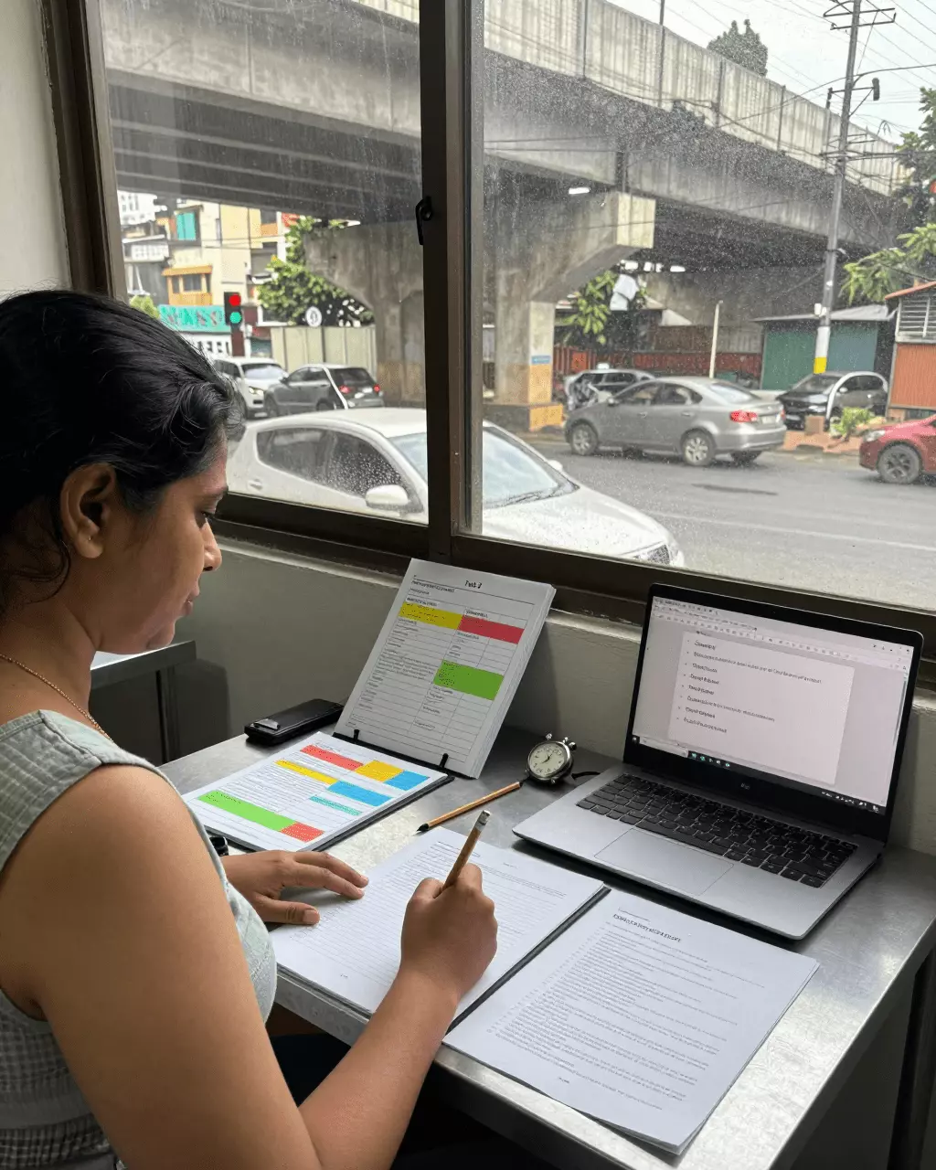 a Tamil woman in her late 20s preparing online for IELTS எழுதும் பணி 2 பாடநெறி வழிகாட்டி: கட்டுரைகள், யோசனைகள், அமைப்பு மற்றும் இசைக்குழு மதிப்பெண்கள்