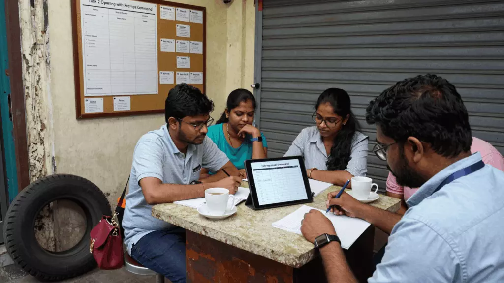 a Tamil woman in her late 20s working through திட்டம்