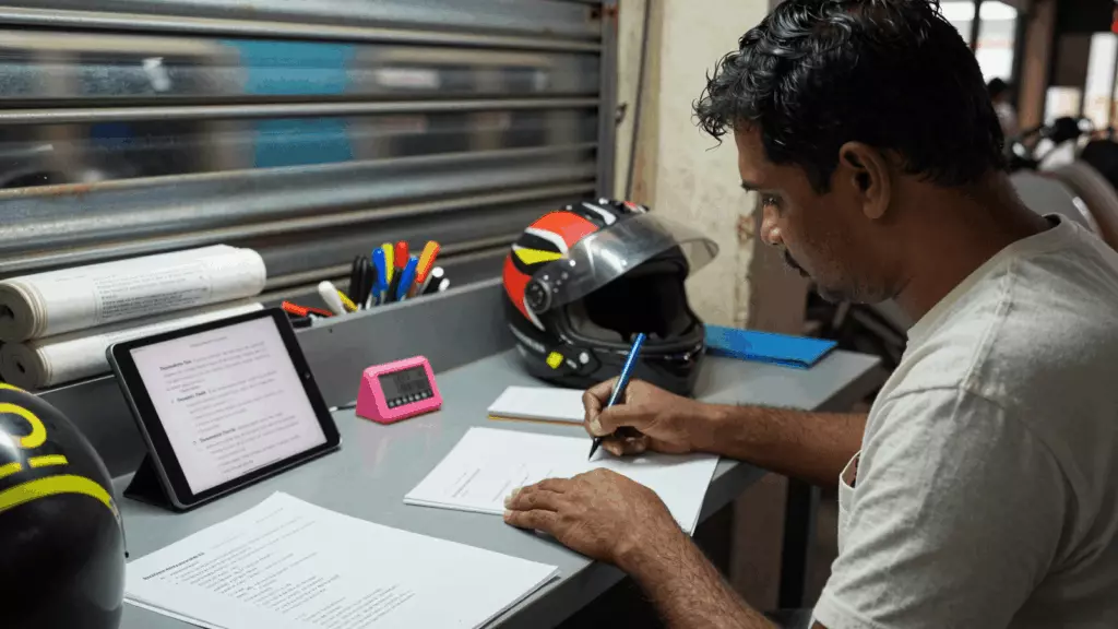 a Tamil woman in her late 20s working through வரைவு