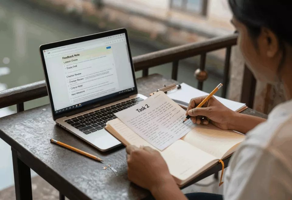 a Tamil woman in her late 20s choosing the next IELTS prep step online