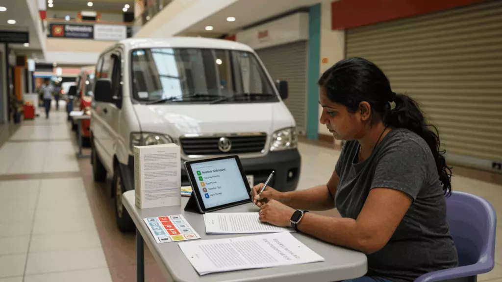 a Tamil woman in her late 20s working through திட்டம்