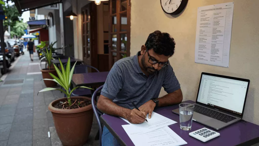 a Tamil woman in her late 20s working through வரைவு