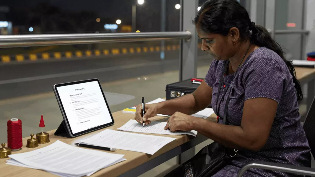 a Tamil woman in her late 20s working through திருத்தம் செய்யவும்