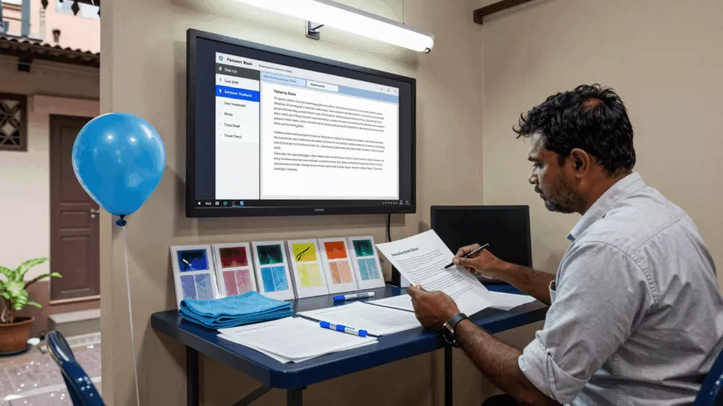 a Tamil woman in her late 20s reviewing an IELTS online course workflow