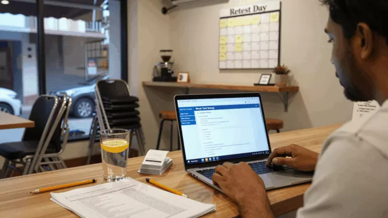 a Tamil woman in her late 20s preparing online for இலவச IELTS மாதிரி சோதனை: பயிற்சி சோதனைகளை எவ்வாறு சரியாகப் பயன்படுத்துவது