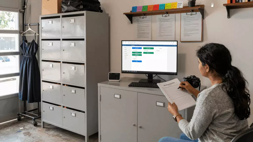 a Tamil woman in her late 20s reviewing an IELTS online course workflow