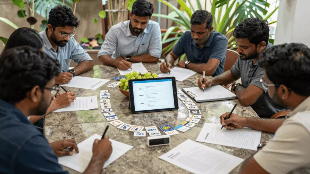 a Tamil woman in her late 20s working through வரைவு