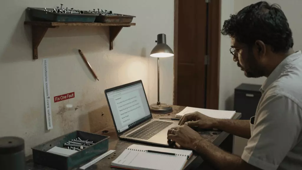 a Tamil woman in her late 20s working through திருத்தம் செய்யவும்