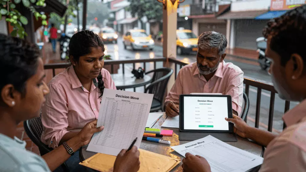 a Tamil woman in her late 20s working through தீர்மானிக்கவும்