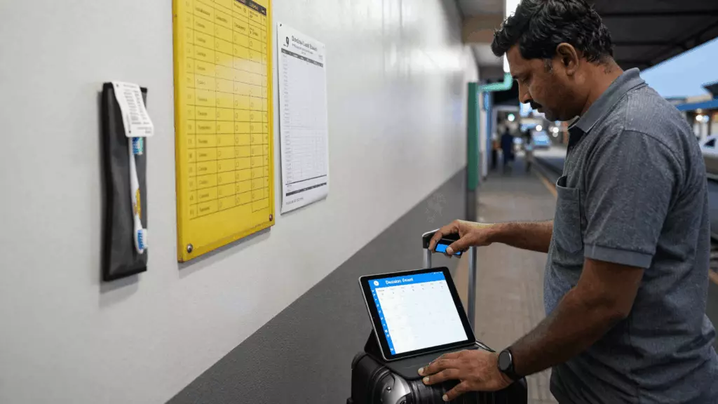 a Tamil woman in her late 20s reviewing an IELTS online course workflow