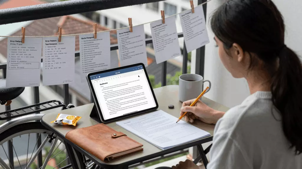 a Thai woman in her late 20s working through ทบทวน