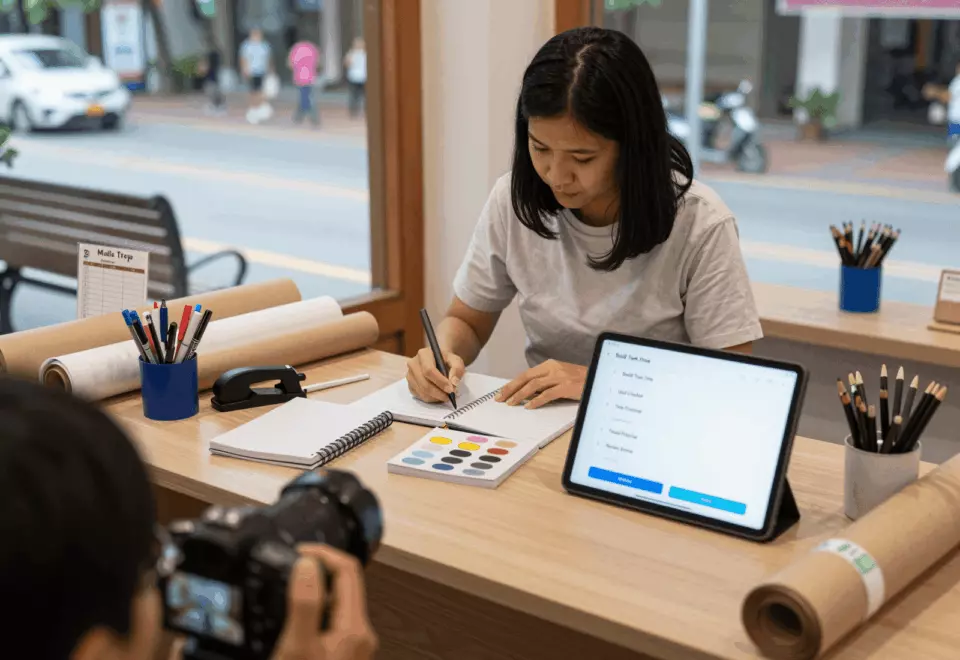 a Thai woman in her late 20s choosing the next IELTS prep step online