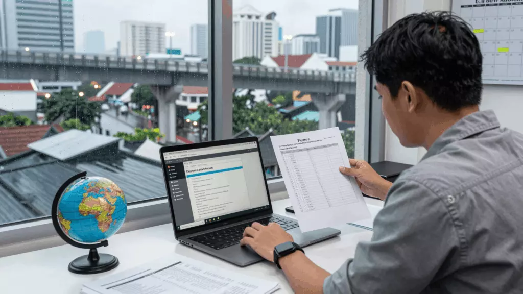 a Thai woman in her late 20s reviewing an IELTS online course workflow