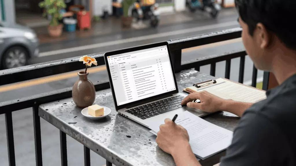 a Thai woman in her late 20s reviewing an IELTS online course workflow