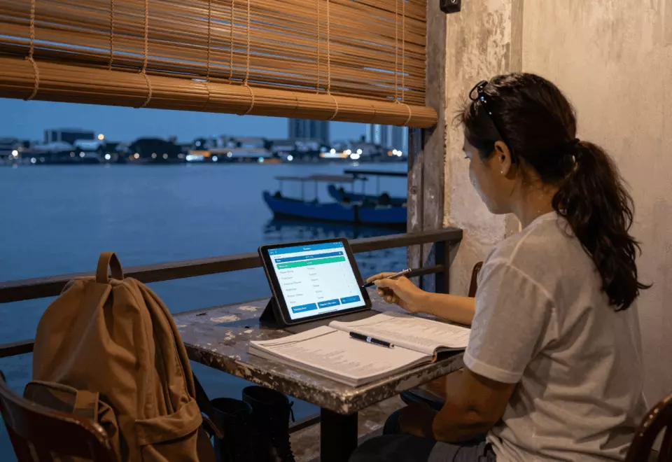 a Thai woman in her late 20s choosing the next IELTS prep step online