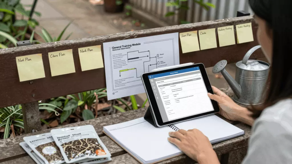 a Thai woman in her late 20s reviewing an IELTS online course workflow