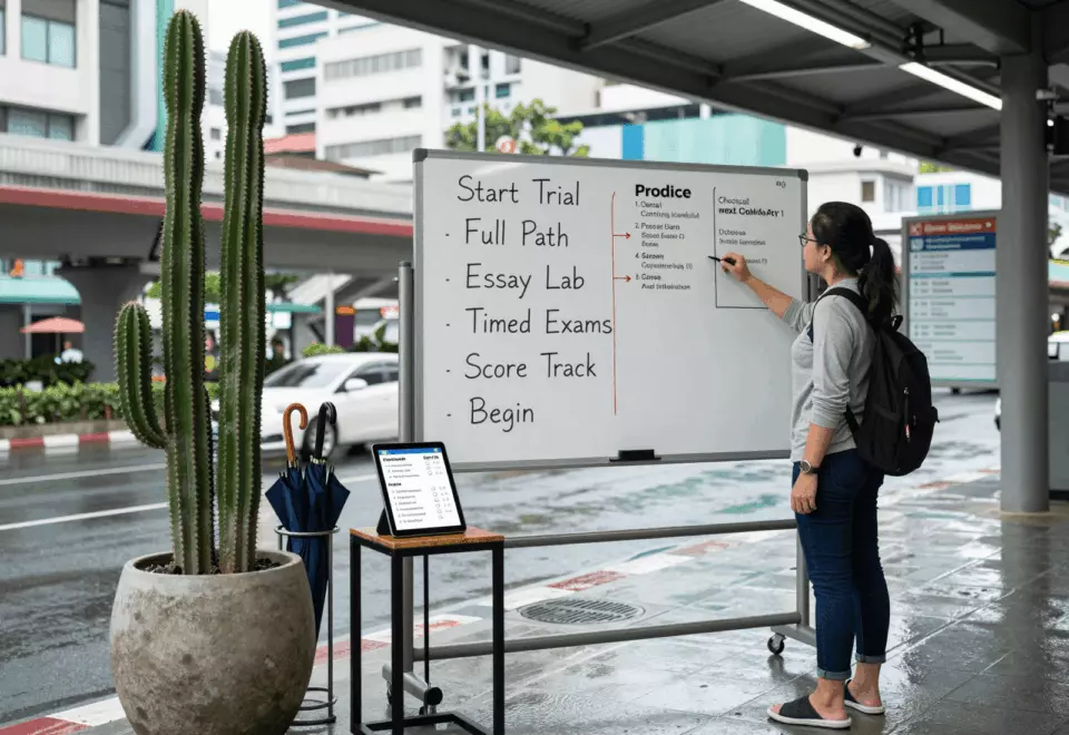 a Thai woman in her late 20s choosing the next IELTS prep step online