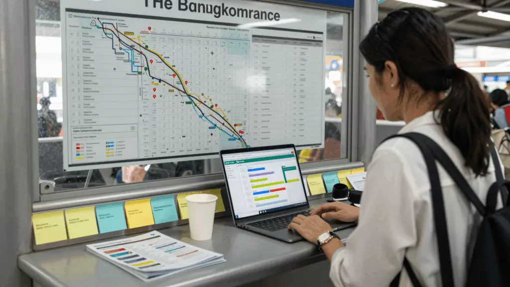 a Thai woman in her late 20s reviewing an IELTS online course workflow