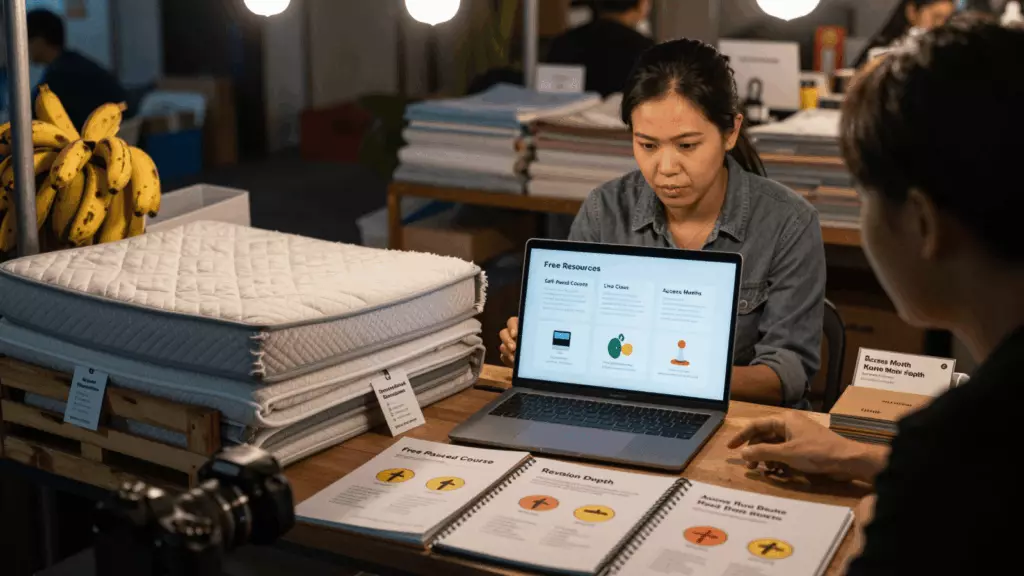 a Thai woman in her late 20s working through เปรียบเทียบ