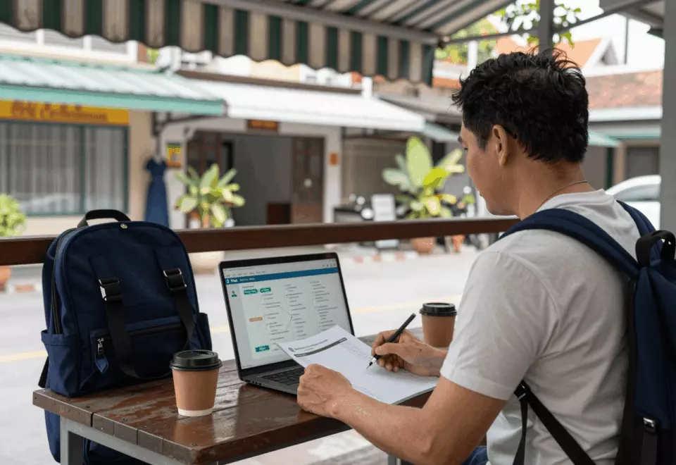 a Thai woman in her late 20s choosing the next IELTS prep step online