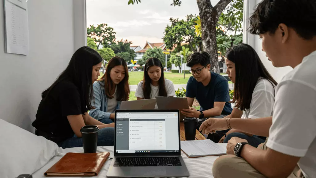 a Thai woman in her late 20s working through ตัวกรอง