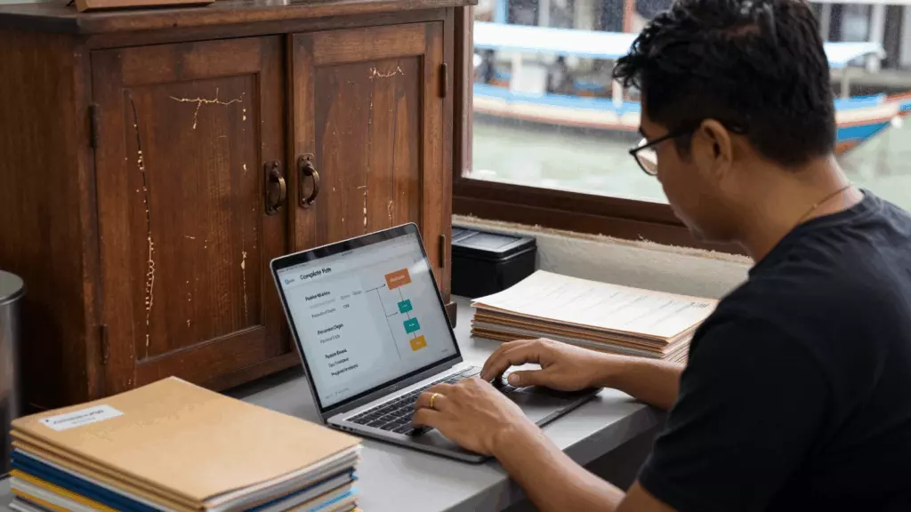 a Thai woman in her late 20s working through เปรียบเทียบ