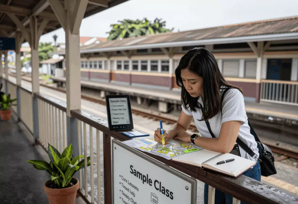 a Thai woman in her late 20s choosing the next IELTS prep step online