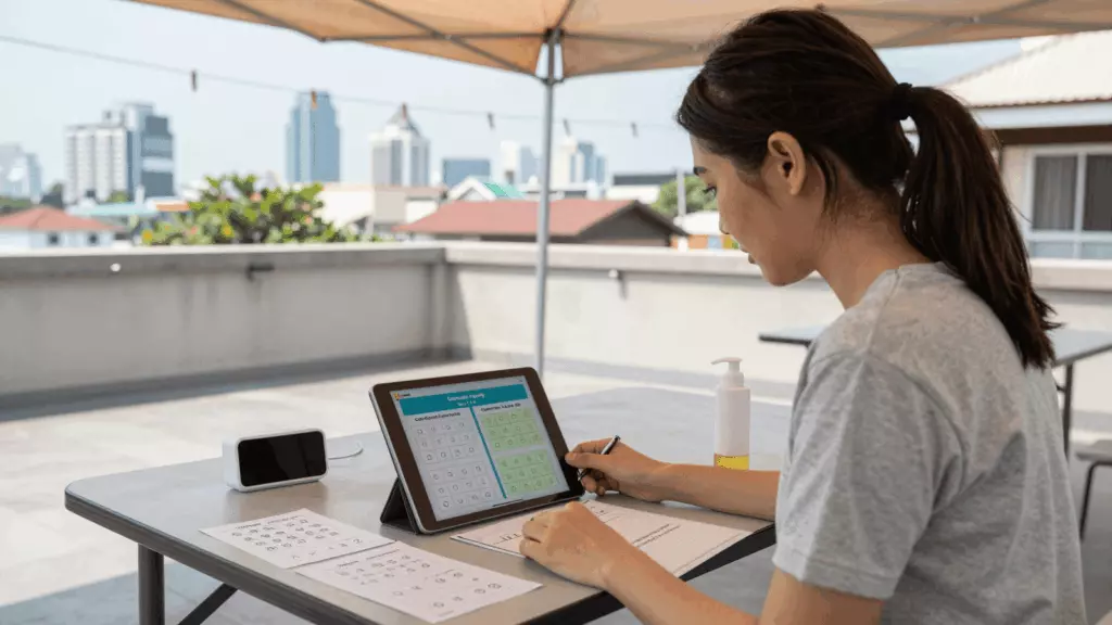 a Thai woman in her late 20s working through ฝึกฝน