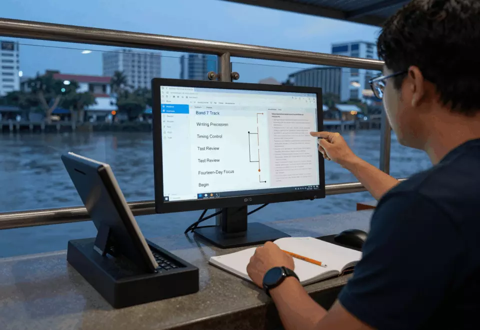 a Thai woman in her late 20s choosing the next IELTS prep step online