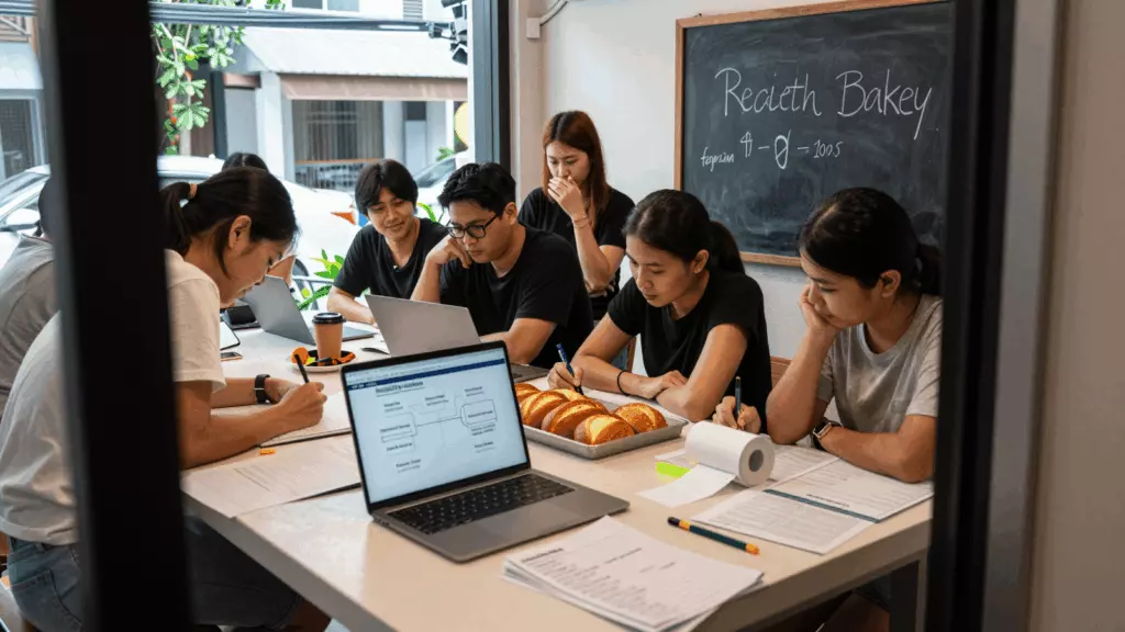 a Thai woman in her late 20s reviewing an IELTS online course workflow