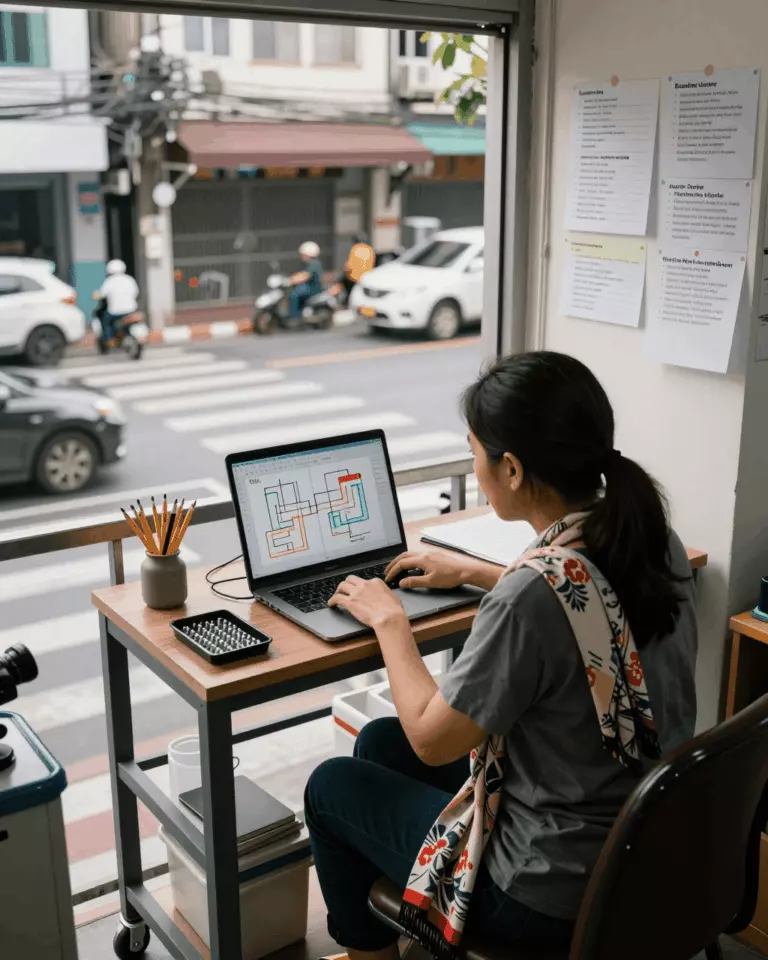 a Thai woman in her late 20s preparing online for วิธีปรับปรุงคะแนน IELTS Band ของคุณด้วยบทเรียน การฝึกฝน และการทบทวนการเขียน