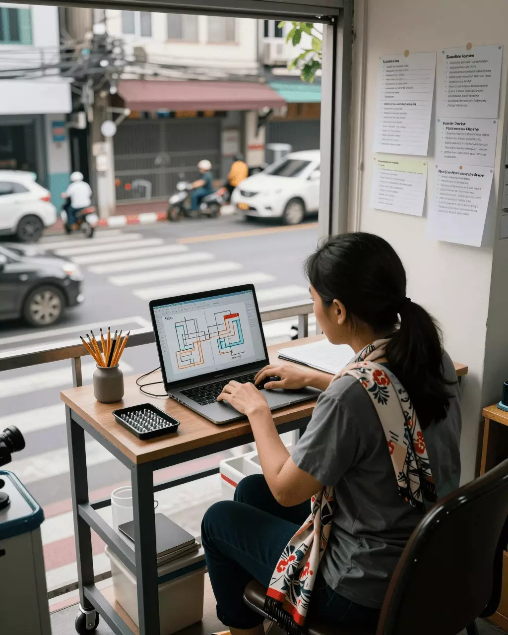 a Thai woman in her late 20s preparing online for วิธีปรับปรุงคะแนน IELTS Band ของคุณด้วยบทเรียน การฝึกฝน และการทบทวนการเขียน