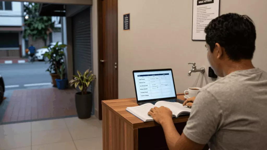 a Thai woman in her late 20s reviewing an IELTS online course workflow