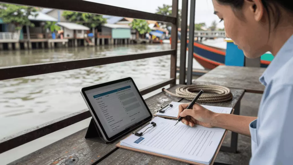 a Thai woman in her late 20s working through ตรวจสอบ