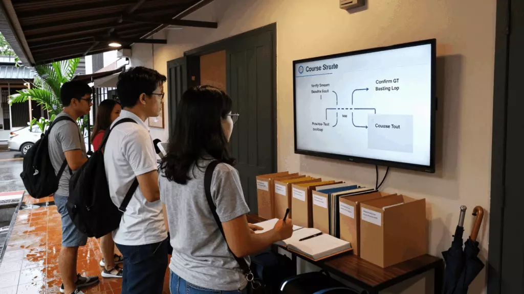 a Thai woman in her late 20s reviewing an IELTS online course workflow