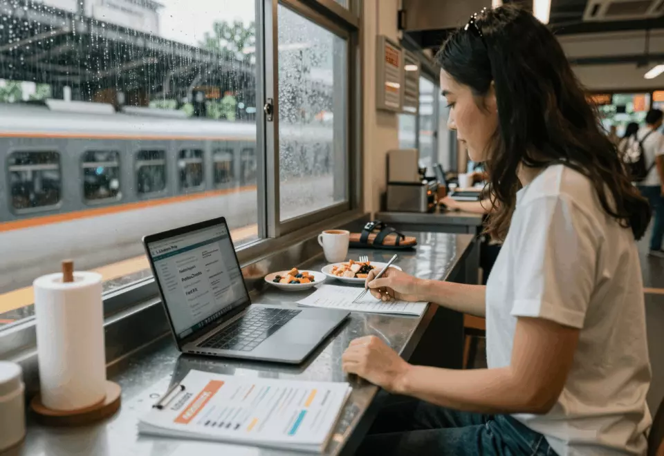 a Thai woman in her late 20s choosing the next IELTS prep step online