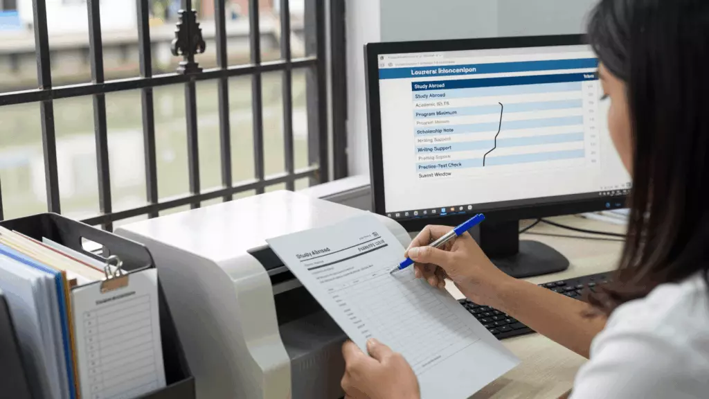 a Thai woman in her late 20s reviewing an IELTS online course workflow