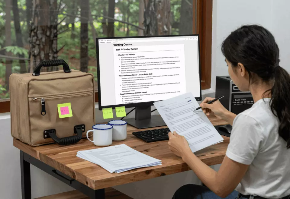 a Thai woman in her late 20s choosing the next IELTS prep step online