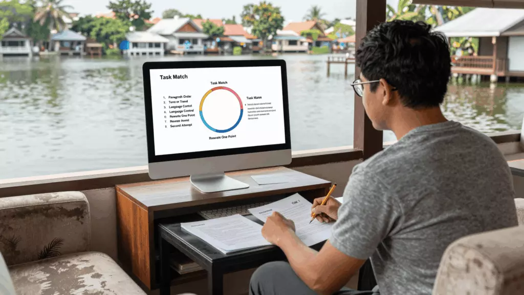 a Thai woman in her late 20s reviewing an IELTS online course workflow