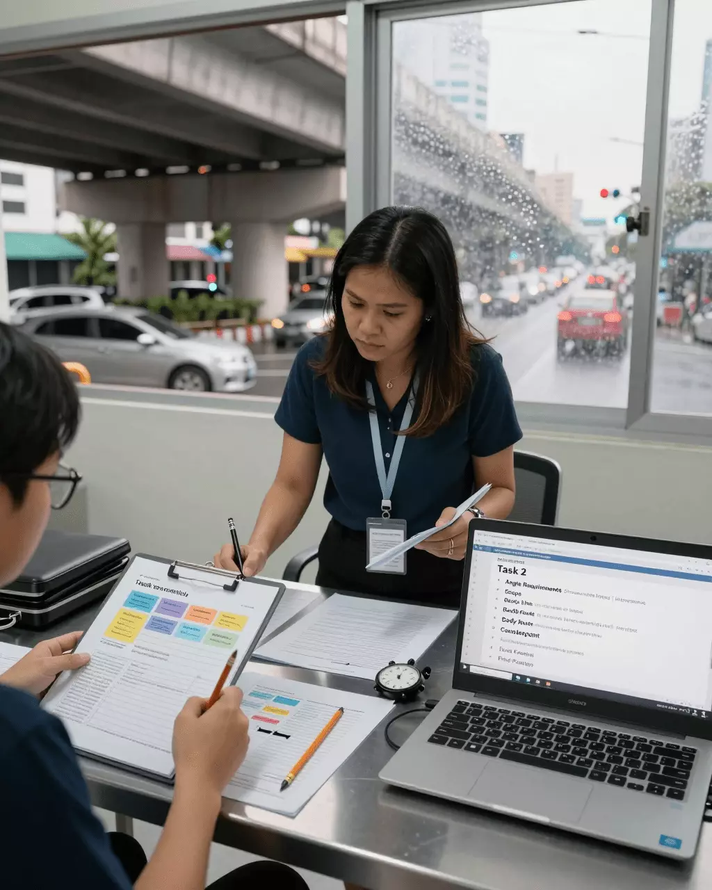 a Thai woman in her late 20s preparing online for คู่มือหลักสูตร IELTS Writing Task 2: เรียงความ แนวคิด โครงสร้าง และคะแนนวงดนตรี