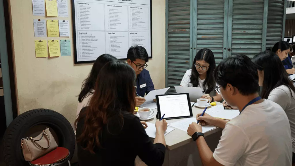 a Thai woman in her late 20s working through วางแผน