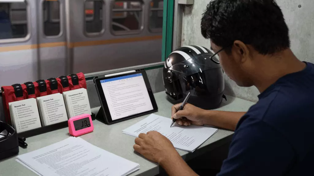 a Thai woman in her late 20s working through ฉบับร่าง