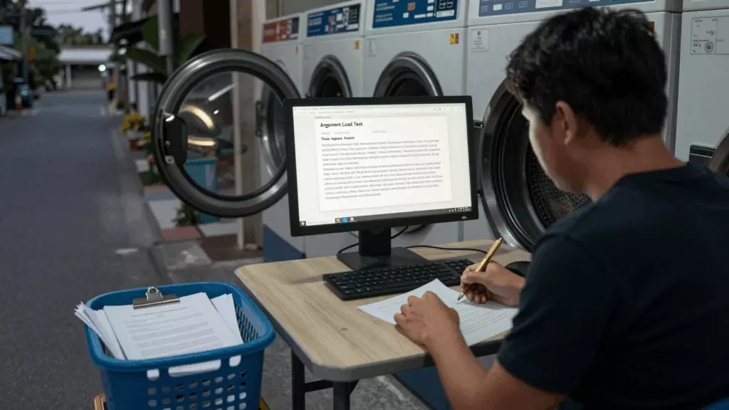 a Thai woman in her late 20s reviewing an IELTS online course workflow