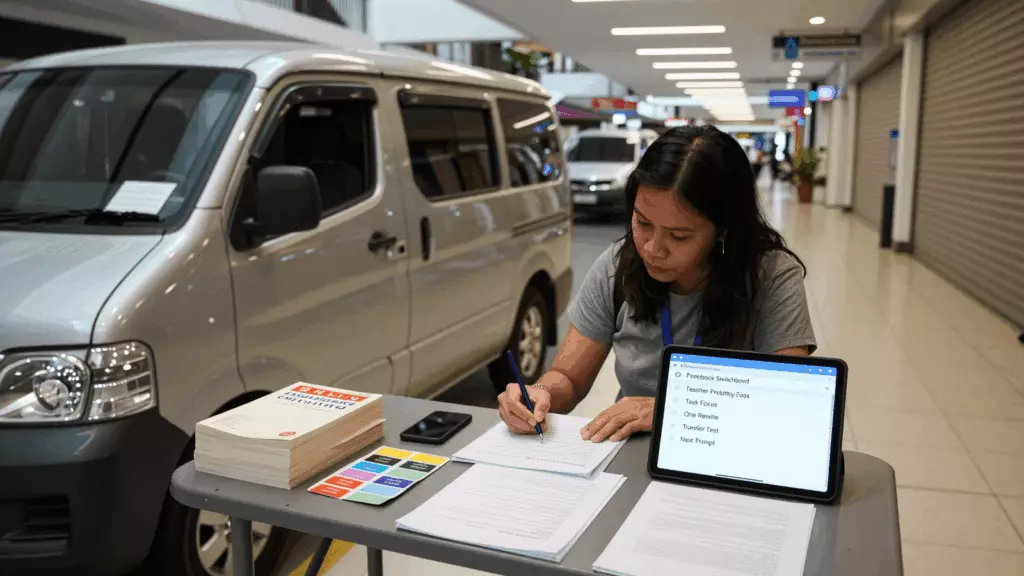 a Thai woman in her late 20s working through วางแผน