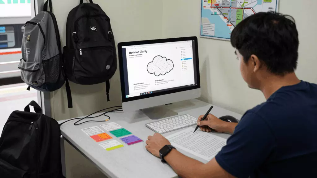 a Thai woman in her late 20s reviewing an IELTS online course workflow